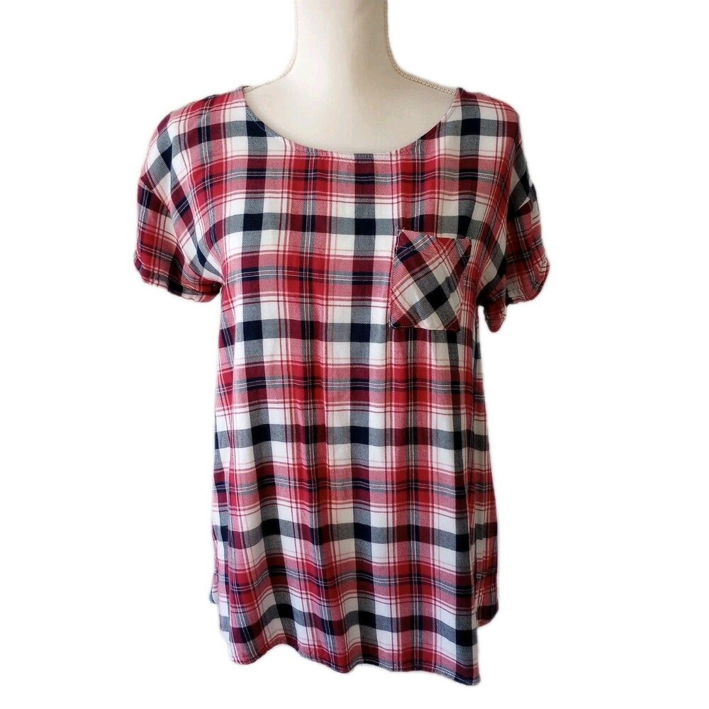 Isabel Maternity Shirt Size Small Red Black White Plaid Short Sleeve Casual